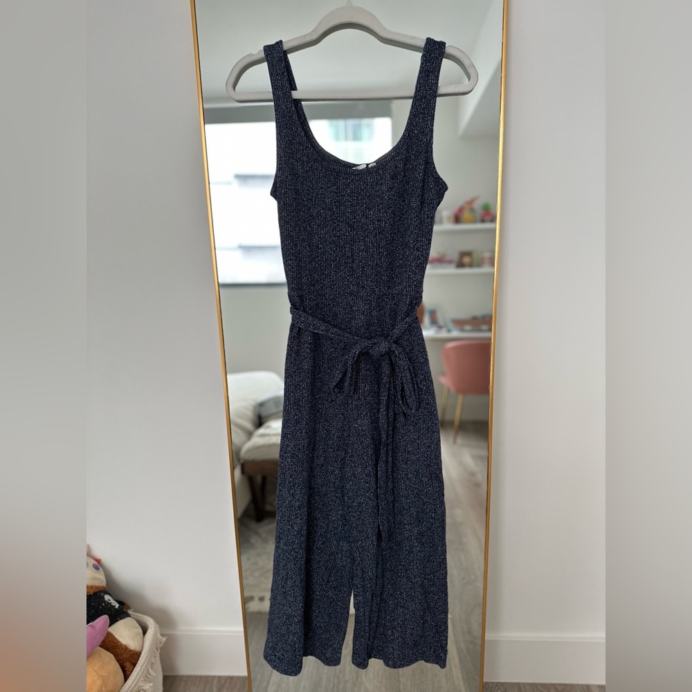 Gap Petite Navy Blue Cotton Sleeveless Cropped Wide Leg Jumpsuit
